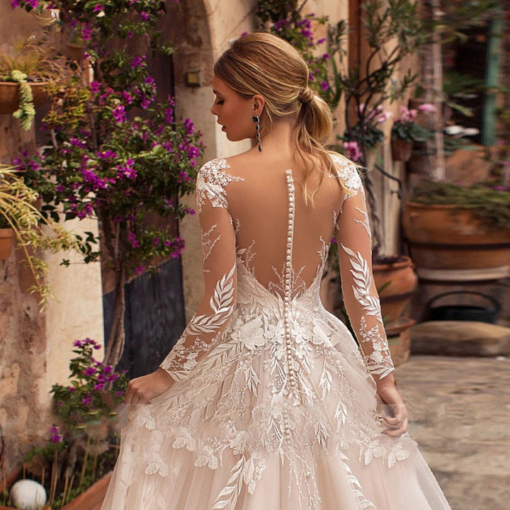 ADA<br>V-neck Appliqué Tulle Illusion Backless Long Sleeve Wedding Gown