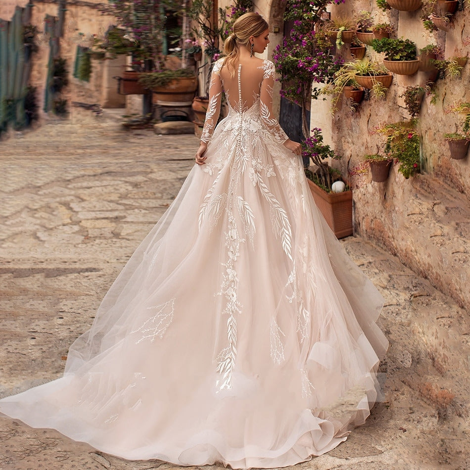 ADA<br>V-neck Appliqué Tulle Illusion Backless Long Sleeve Wedding Gown