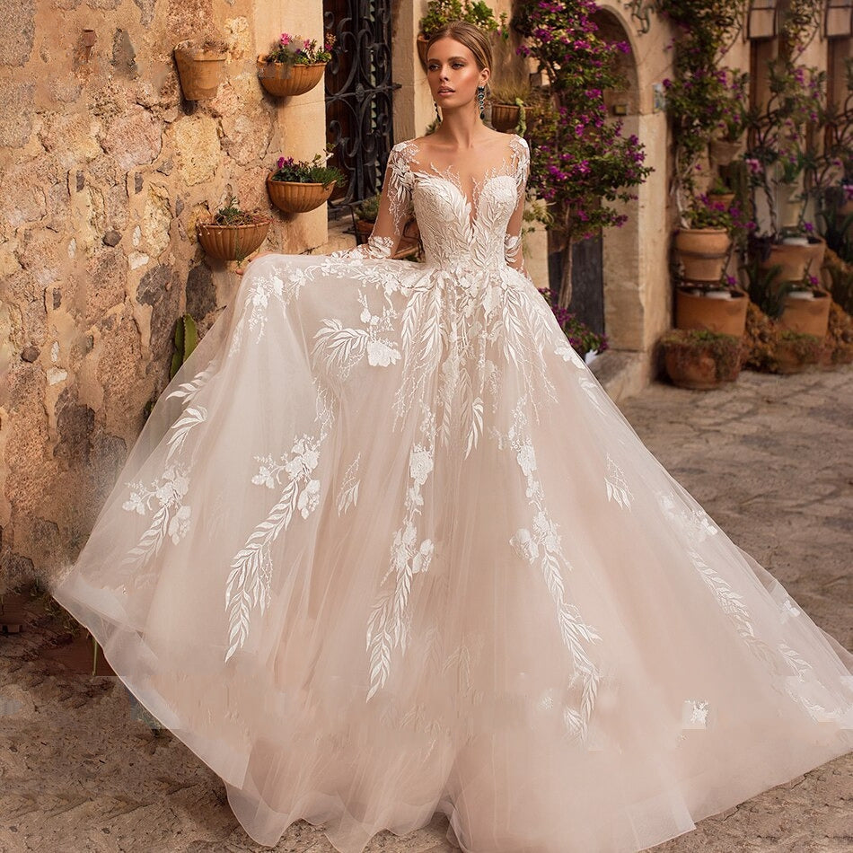 ADA<br>V-neck Appliqué Tulle Illusion Backless Long Sleeve Wedding Gown