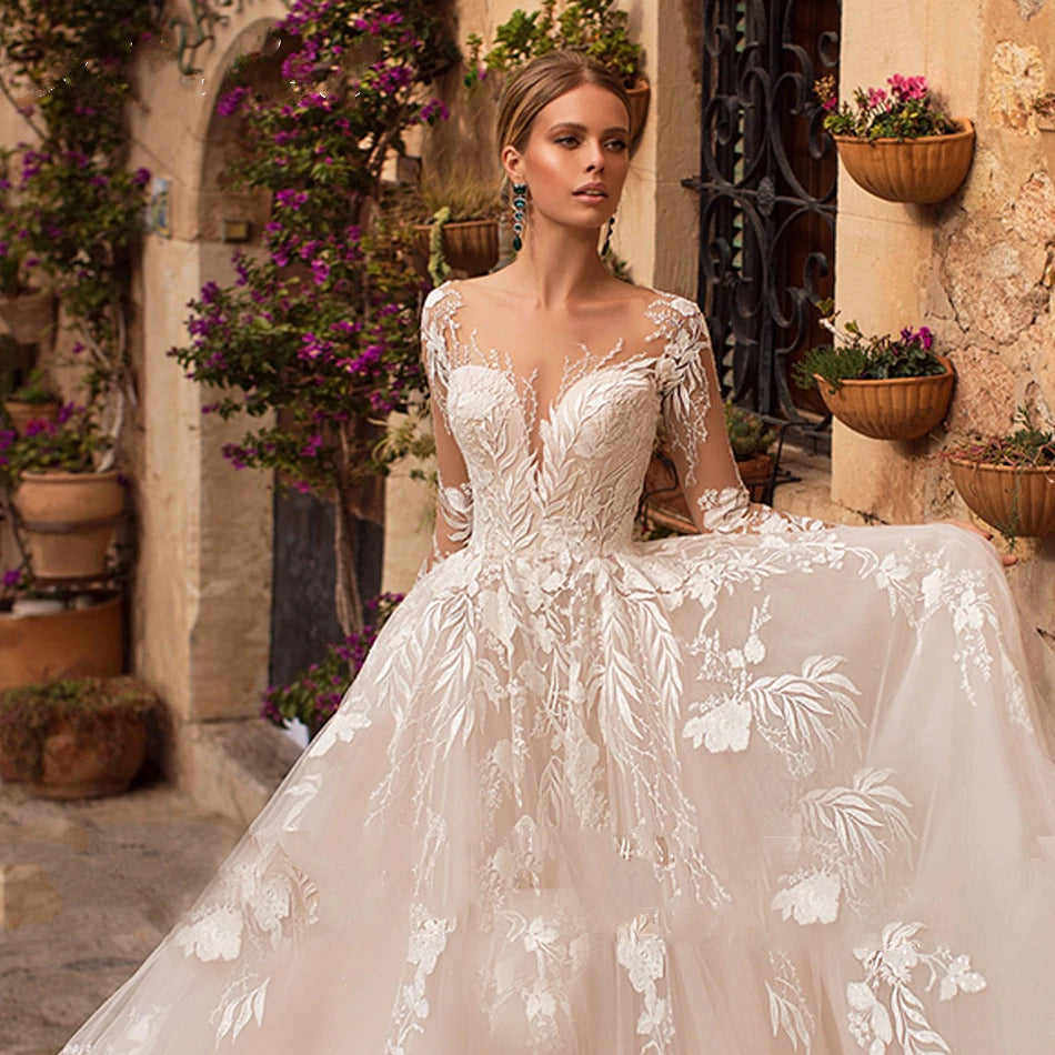 ADA<br>V-neck Appliqué Tulle Illusion Backless Long Sleeve Wedding Gown