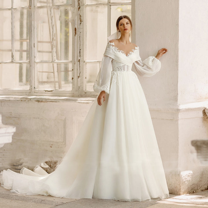 Elegant A-Line Beaded Embroidered Sweetheart Neckline Removable Puff Sleeves Bridal Gown