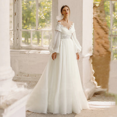 Elegant A-Line Beaded Embroidered Sweetheart Neckline Removable Puff Sleeves Bridal Gown