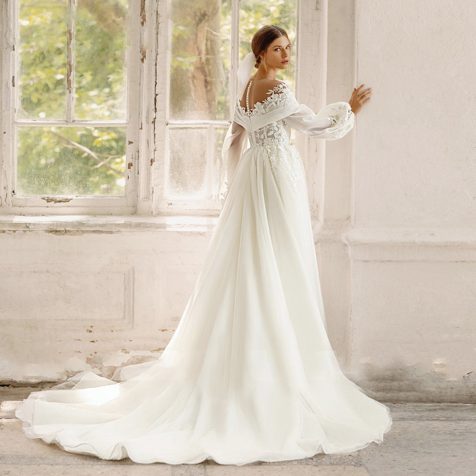 Elegant A-Line Beaded Embroidered Sweetheart Neckline Removable Puff Sleeves Bridal Gown
