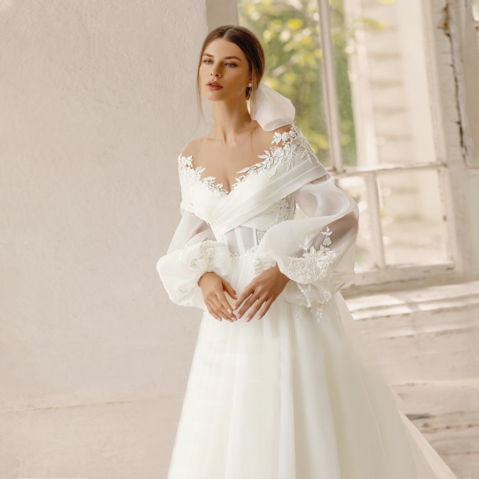 Elegant A-Line Beaded Embroidered Sweetheart Neckline Removable Puff Sleeves Bridal Gown