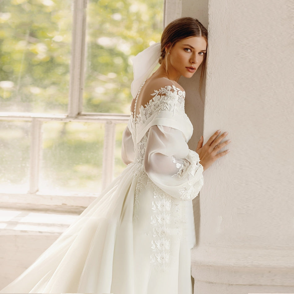 Elegant A-Line Beaded Embroidered Sweetheart Neckline Removable Puff Sleeves Bridal Gown