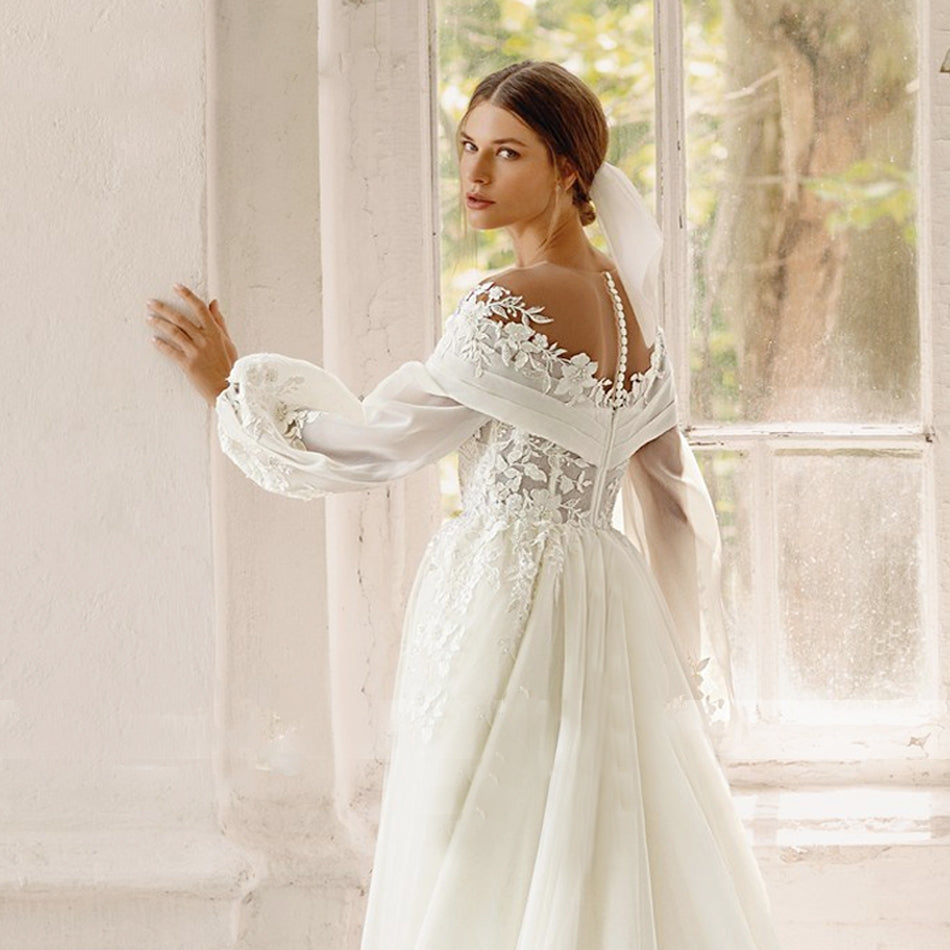 Elegant A-Line Beaded Embroidered Sweetheart Neckline Removable Puff Sleeves Bridal Gown