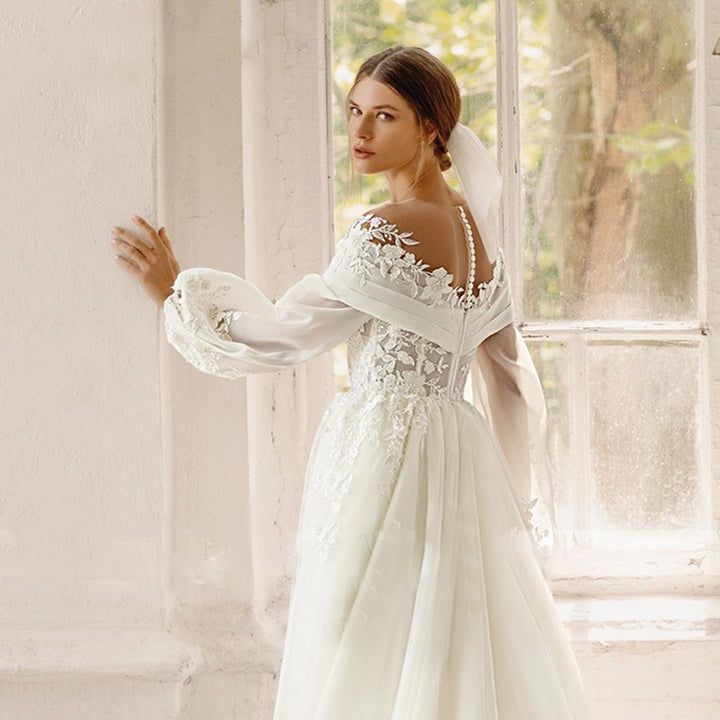 Elegant A-Line Beaded Embroidered Sweetheart Neckline Removable Puff Sleeves Bridal Gown
