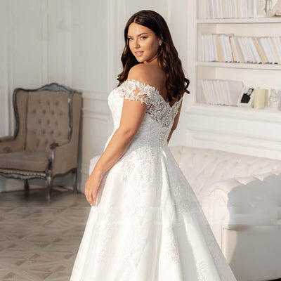 CAROLINE<br>Plus Size Charming Off-the-Shoulder Sweetheart Neckline A-Line Appliqué Lace-Up Bridal Gown