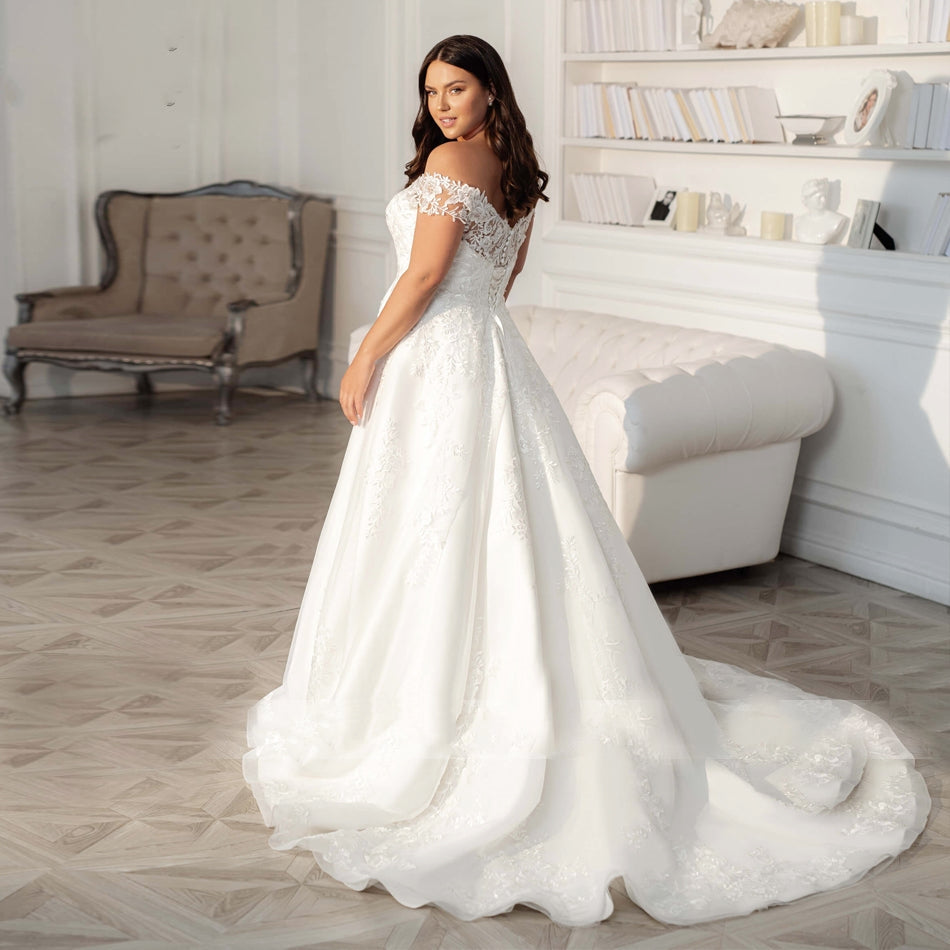 CAROLINE<br>Plus Size Charming Off-the-Shoulder Sweetheart Neckline A-Line Appliqué Lace-Up Bridal Gown