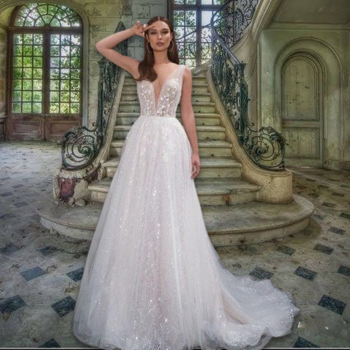 CELESTINE<br>Romantic V-neck Tulle Beaded 3D Flower Appliqué A-Line Illusion Bridal Gown