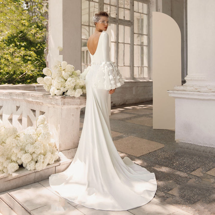 CLAIRE<br>Elegant Long Sleeve Satin V-neck Appliqué Mermaid Bridal Gown