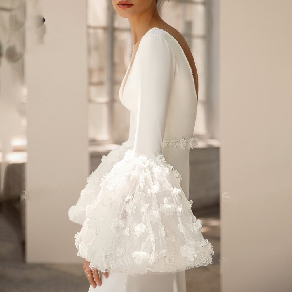 CLAIRE<br>Elegant Long Sleeve Satin V-neck Appliqué Mermaid Bridal Gown