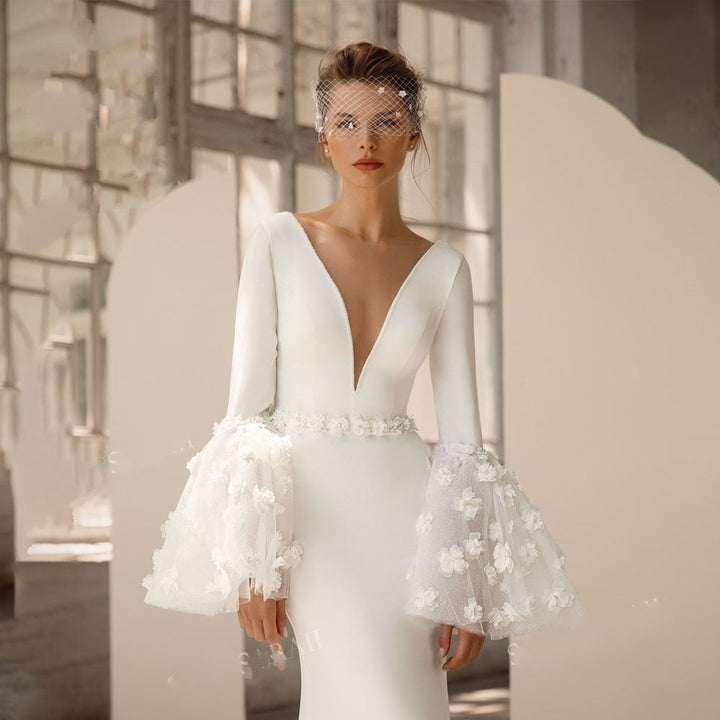 CLAIRE<br>Elegant Long Sleeve Satin V-neck Appliqué Mermaid Bridal Gown