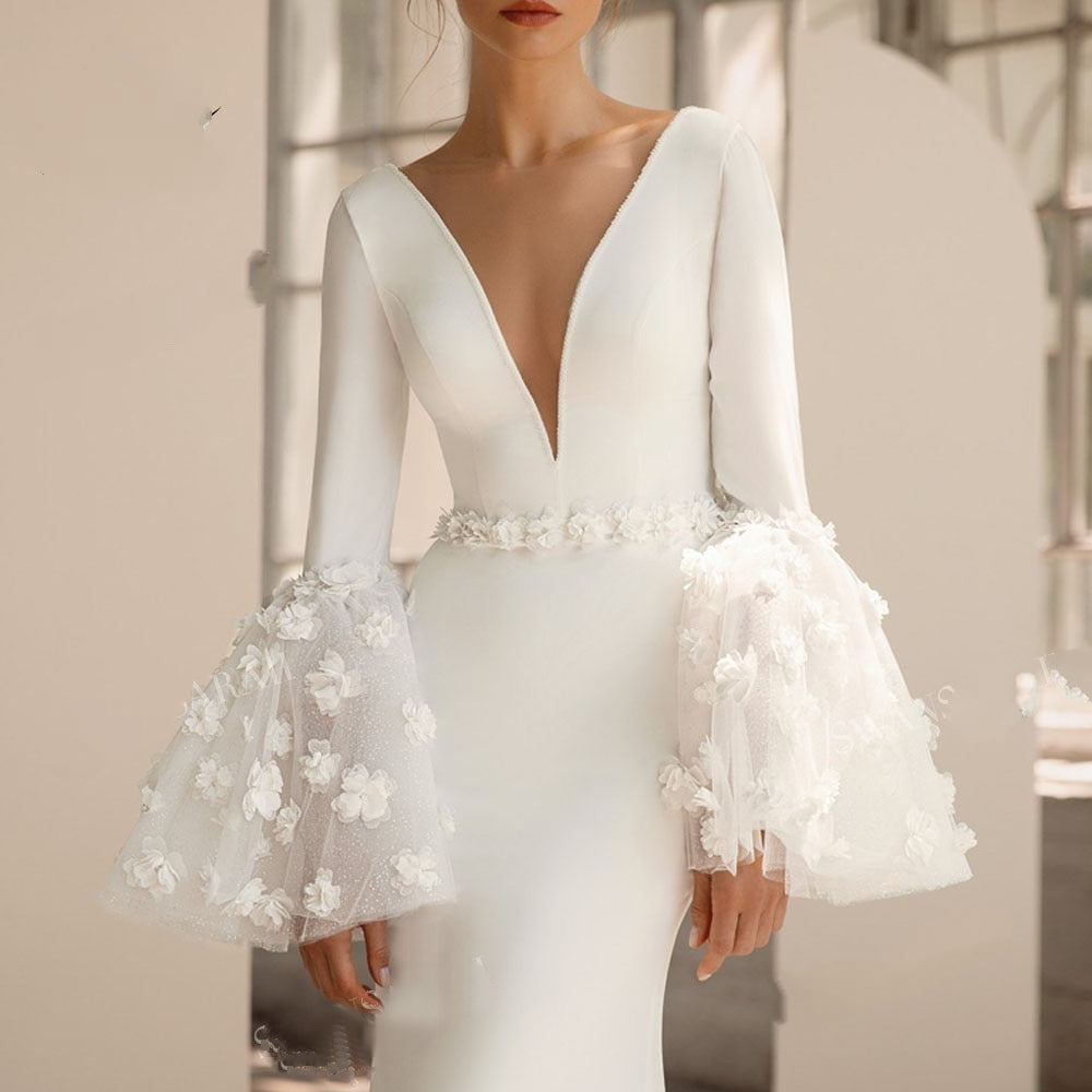 CLAIRE<br>Elegant Long Sleeve Satin V-neck Appliqué Mermaid Bridal Gown