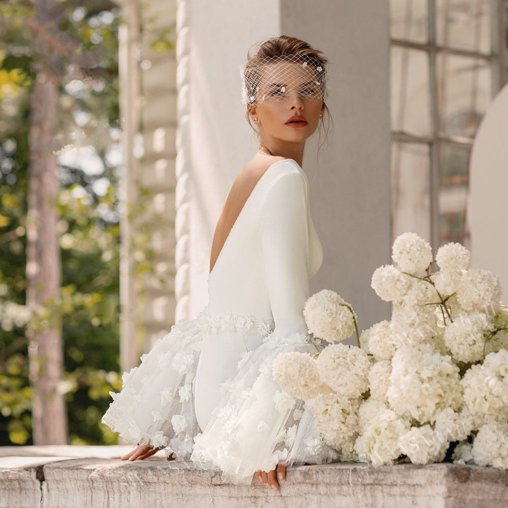 CLAIRE<br>Elegant Long Sleeve Satin V-neck Appliqué Mermaid Bridal Gown