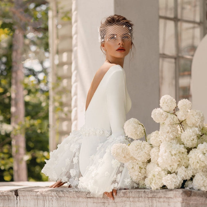 CLAIRE<br>Elegant Long Sleeve Satin V-neck Appliqué Mermaid Bridal Gown