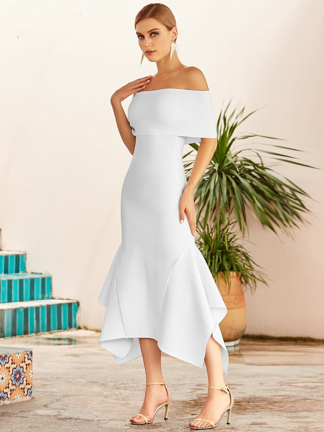 CLOTILDE<br>White Off-The-Shoulder Bandage Bodycon Dress