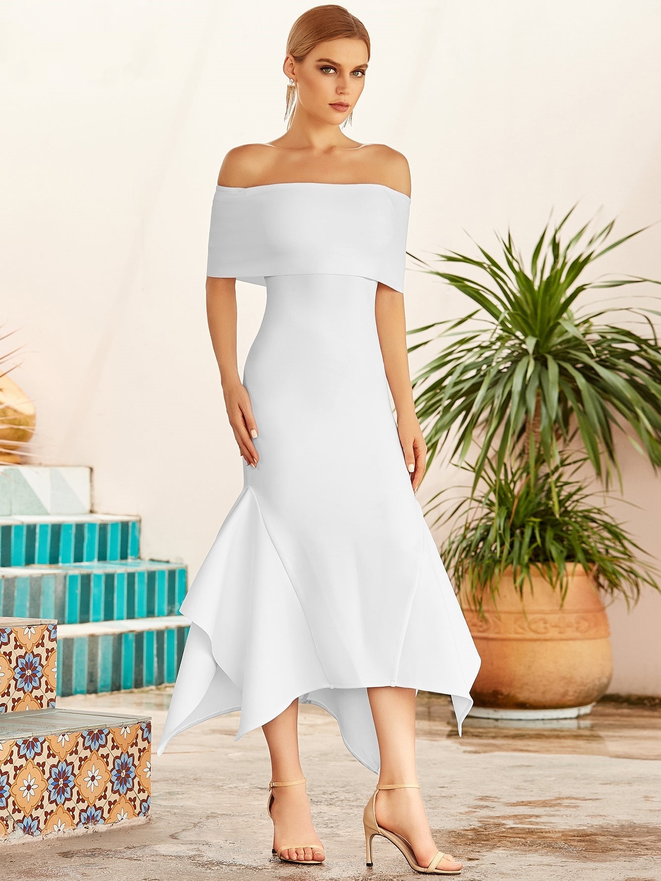 CLOTILDE<br>White Off-The-Shoulder Bandage Bodycon Dress