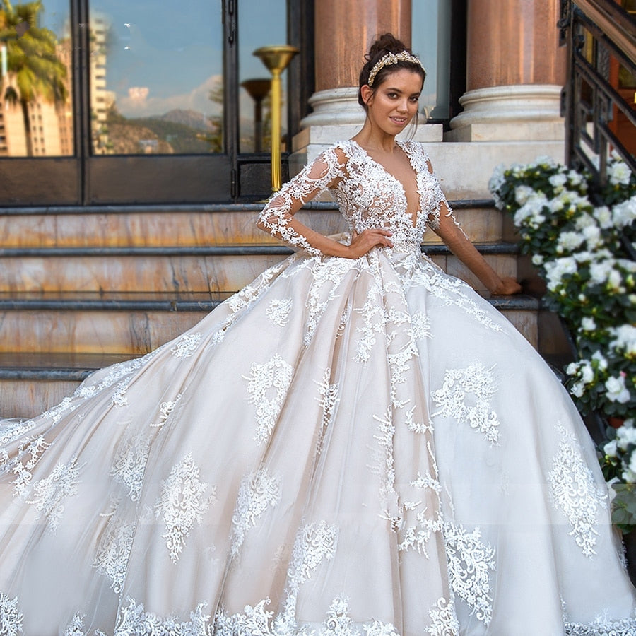 CRYSTAL<br>Luxury 1.6 Ft. (50 Cm)-Long Train A-Line Long Sleeve Beaded Lace Appliqué Sexy V-neck  Bridal Gown