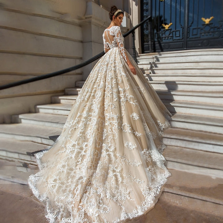 CRYSTAL<br>Luxury 9 Ft. (150 Cm)-Long Train A-Line Long Sleeve Beaded Lace Appliqué Sexy V-neck  Bridal Gown