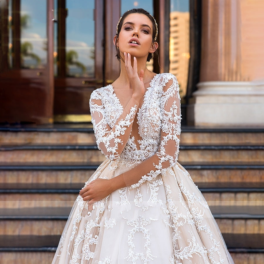 CRYSTAL<br>Luxury 9 Ft. (150 Cm)-Long Train A-Line Long Sleeve Beaded Lace Appliqué Sexy V-neck  Bridal Gown