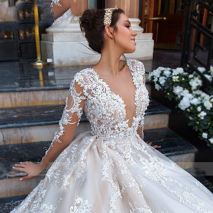CRYSTAL<br>Luxury 1.6 Ft. (50 Cm)-Long Train A-Line Long Sleeve Beaded Lace Appliqué Sexy V-neck  Bridal Gown
