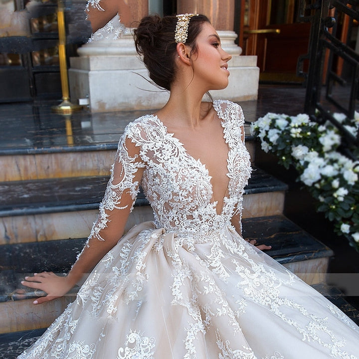 CRYSTAL<br>Luxury 1.6 Ft. (50 Cm)-Long Train A-Line Long Sleeve Beaded Lace Appliqué Sexy V-neck  Bridal Gown