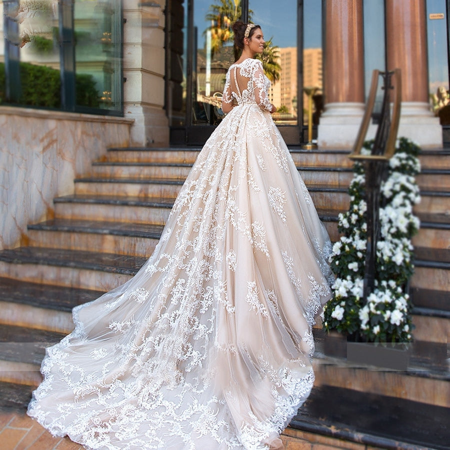 CRYSTAL<br>Luxury 1.6 Ft. (50 Cm)-Long Train A-Line Long Sleeve Beaded Lace Appliqué Sexy V-neck  Bridal Gown