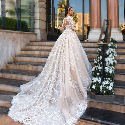 CRYSTAL<br>Luxury 3.3 Ft. (100 Cm)-Long Train A-Line Long Sleeve Beaded Lace Appliqué Sexy V-neck  Bridal Gown
