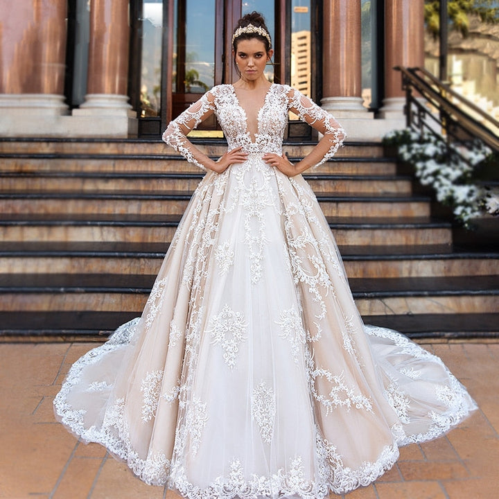 CRYSTAL<br>Luxury 9 Ft. (150 Cm)-Long Train A-Line Long Sleeve Beaded Lace Appliqué Sexy V-neck  Bridal Gown