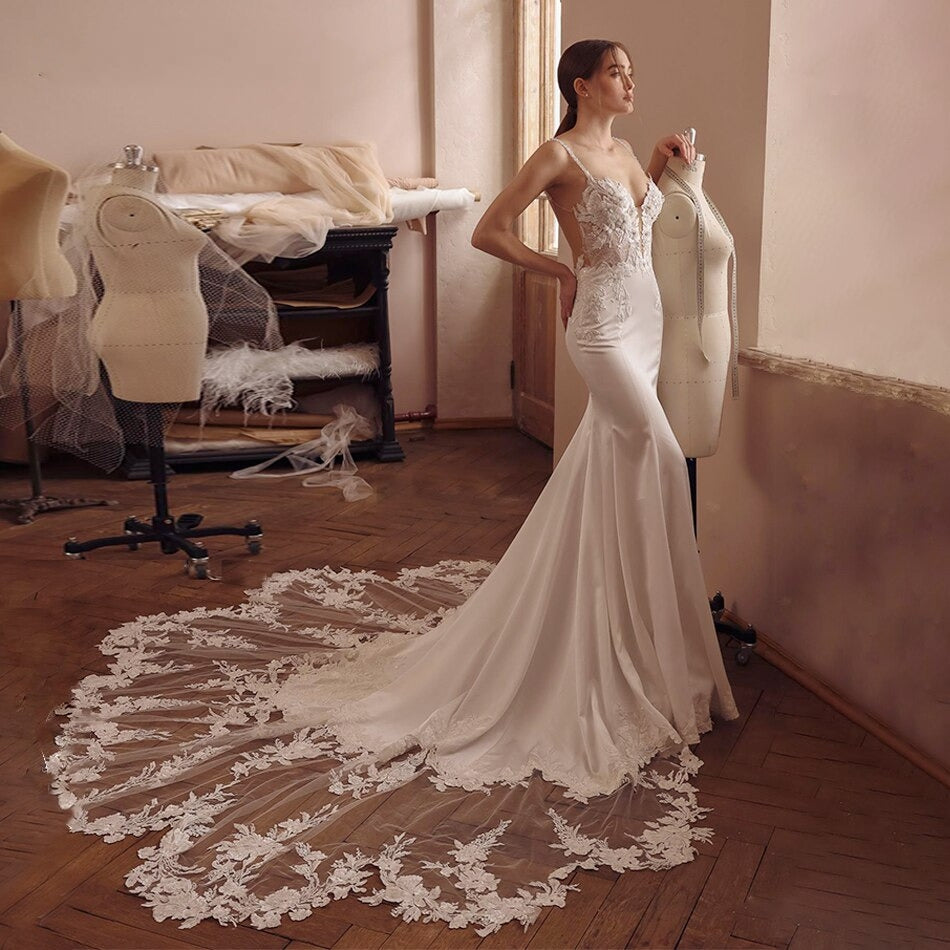 DARLEEN<br>Mermaid Satin Classy Beaded Sweetheart Neckline Embroidered Lace Backless Spaghetti Straps Bridal Gown
