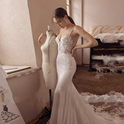 DARLEEN<br>Mermaid Satin Classy Beaded Sweetheart Neckline Embroidered Lace Backless Spaghetti Straps Bridal Gown