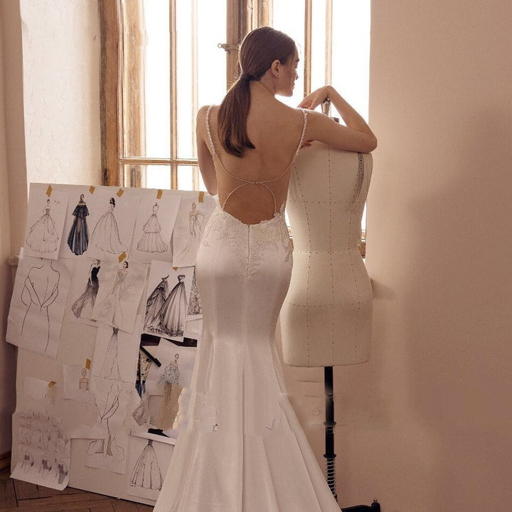 DARLEEN<br>Mermaid Satin Classy Beaded Sweetheart Neckline Embroidered Lace Backless Spaghetti Straps Bridal Gown