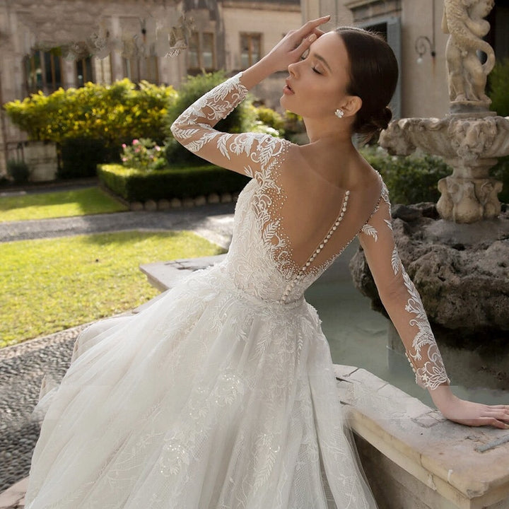 Mermaid Detachable Train 2 In 1 Long Sleeve Romantic Lace Appliqué Bridal Dress