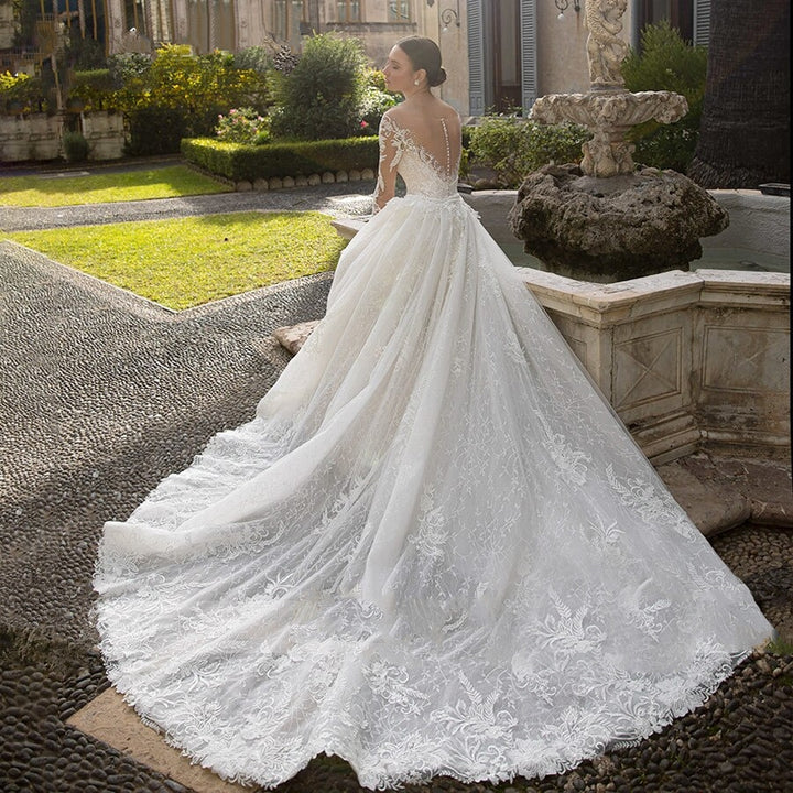 Mermaid Detachable Train 2 In 1 Long Sleeve Romantic Lace Appliqué Bridal Dress