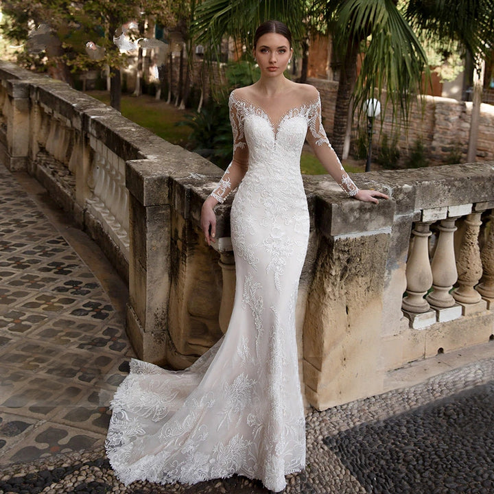 Mermaid Detachable Train 2 In 1 Long Sleeve Romantic Lace Appliqué Bridal Dress