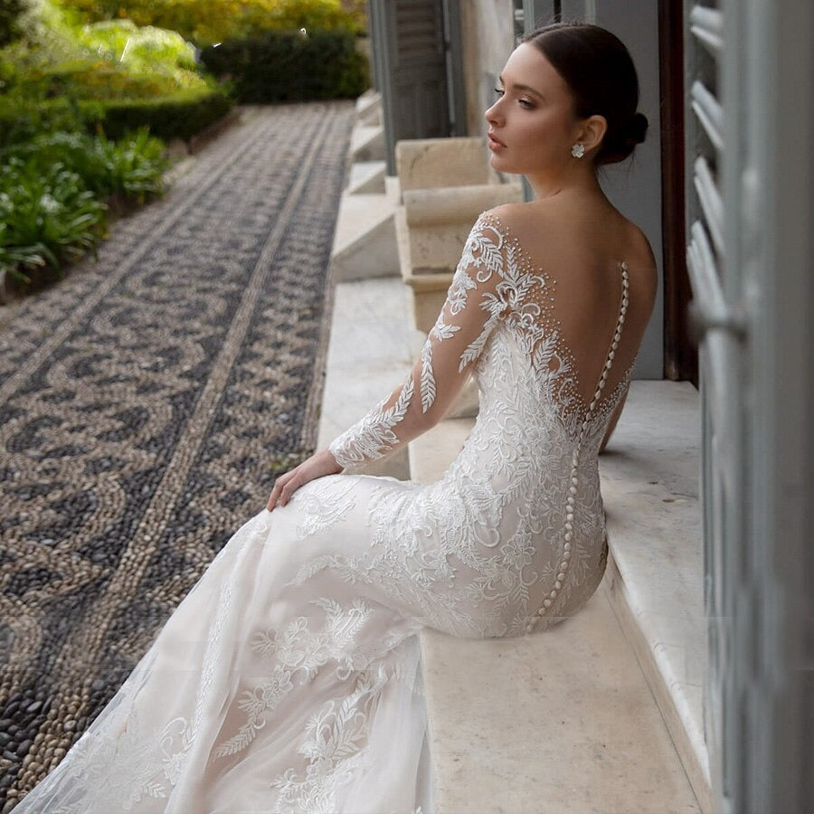 Mermaid Detachable Train 2 In 1 Long Sleeve Romantic Lace Appliqué Bridal Dress