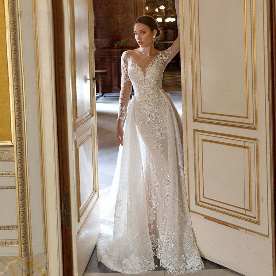 Mermaid Detachable Train 2 In 1 Long Sleeve Romantic Lace Appliqué Bridal Dress