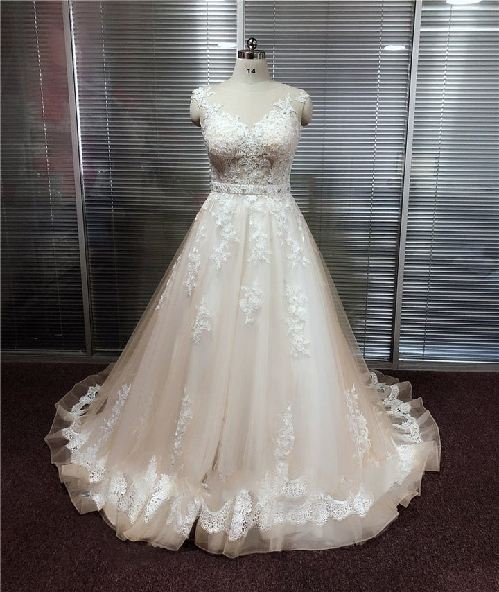 ELISSE<br>Illusion Scoop Neck with Detachable Beaded Sash Lace Appliqué Sleeveless Backless Bridal Gown