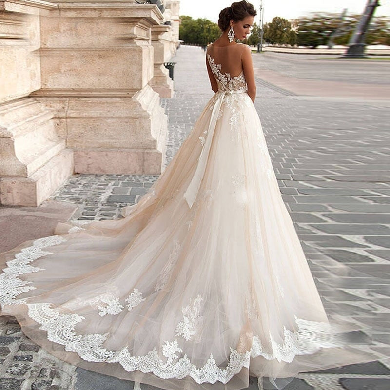 ELISSE<br>Illusion Scoop Neck with Detachable Beaded Sash Lace Appliqué Sleeveless Backless Bridal Gown