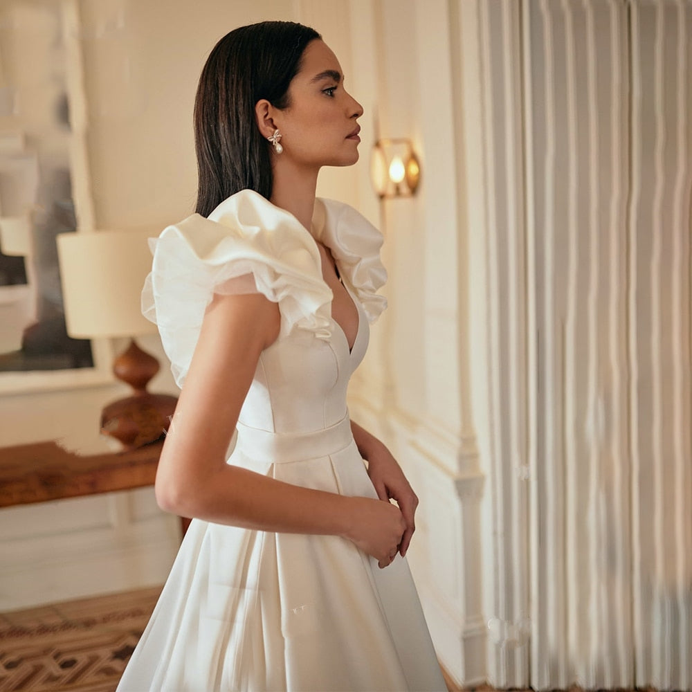 EVELYN<br>Romantic Satin Sleeveless V-neck Pleated A-Line Court Train Bridal Gown