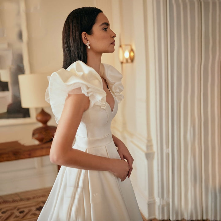 EVELYN<br>Romantic Satin Sleeveless V-neck Pleated A-Line Court Train Bridal Gown