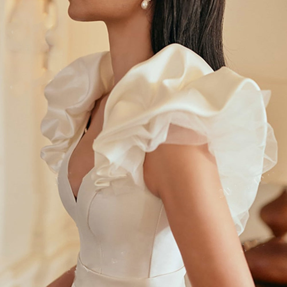 EVELYN<br>Romantic Satin Sleeveless V-neck Pleated A-Line Court Train Bridal Gown