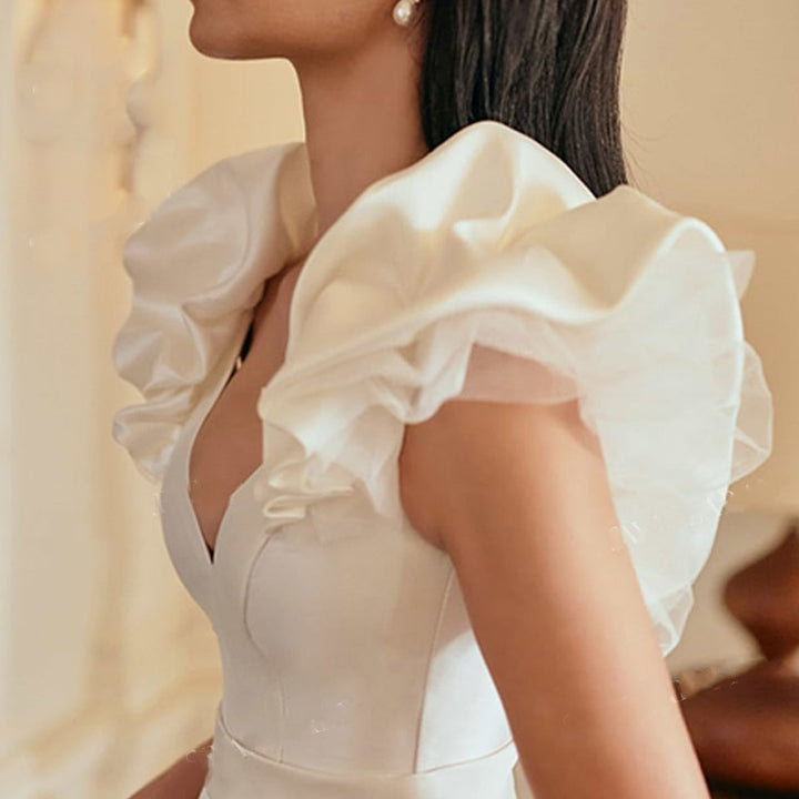 EVELYN<br>Romantic Satin Sleeveless V-neck Pleated A-Line Court Train Bridal Gown