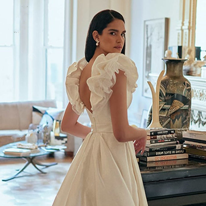 EVELYN<br>Romantic Satin Sleeveless V-neck Pleated A-Line Court Train Bridal Gown