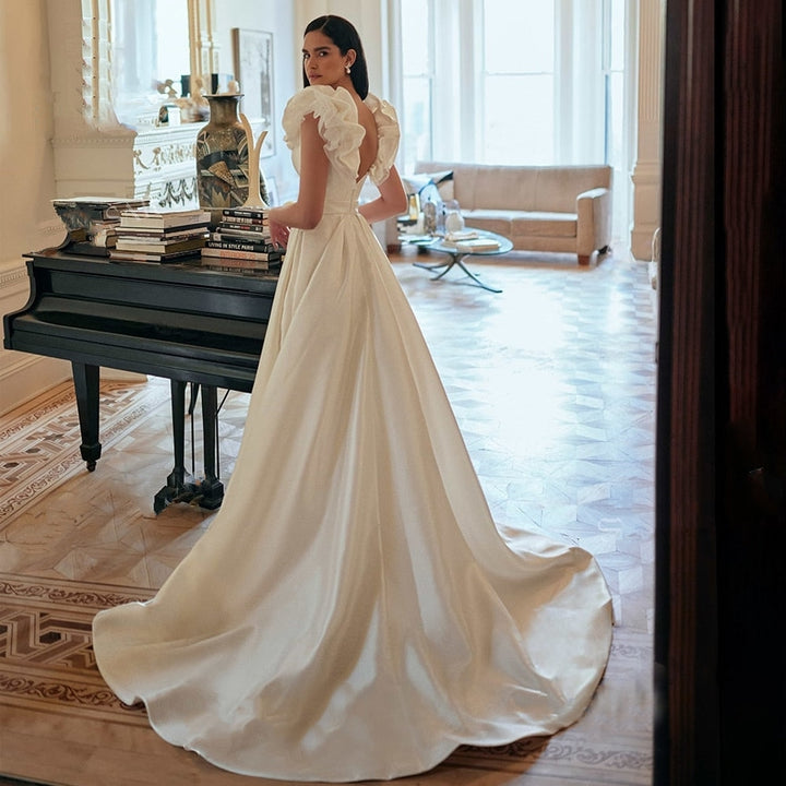 EVELYN<br>Romantic Satin Sleeveless V-neck Pleated A-Line Court Train Bridal Gown