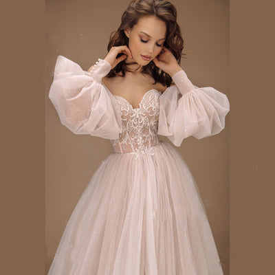 FAYE<br>2 In 1 Puff Sleeve A-Line Backless Sweetheart Neckline Appliqué Wedding Dress