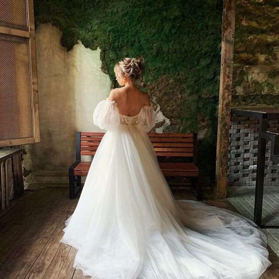 FAYE<br>2 In 1 Puff Sleeve A-Line Backless Sweetheart Neckline Appliqué Wedding Dress