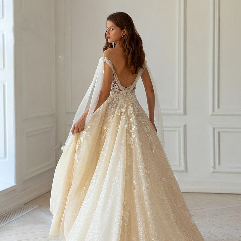 Romantic Sleeveless Appliqué Open Back A-Line Wedding Gown