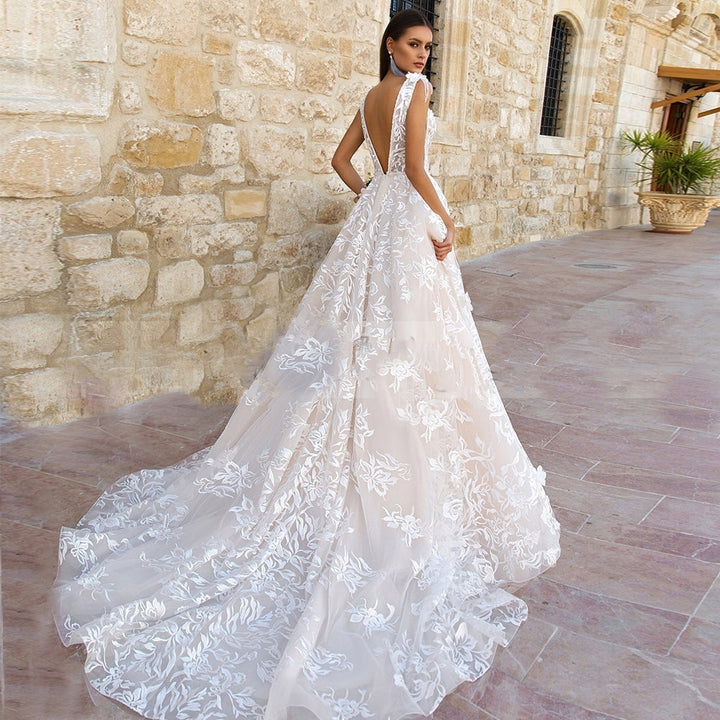 GEORGIA<br> Sweep Train A-line V-neck Tasseled Sleeveless Tulle and Lace Appliqué Bridal Gown